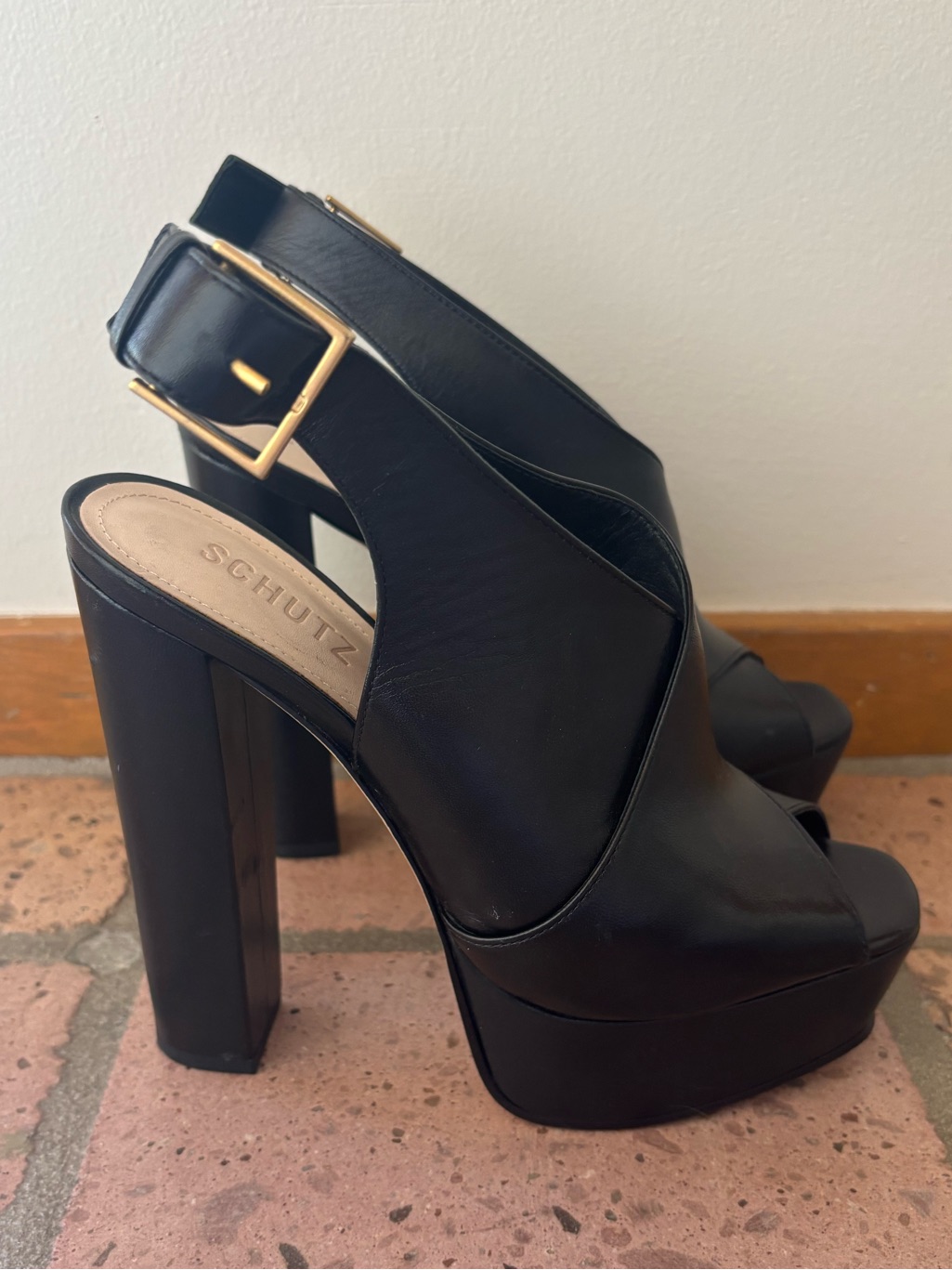 Schutz Priscila Slingback Sandals Black Napa Leather Platform Heels